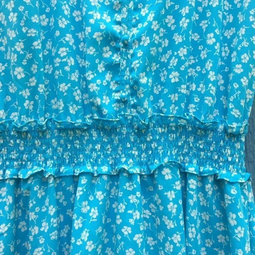 Sienna Sky Women White Small Floral Aqua Blue Mini Dress Medium - Picture 4 of 5